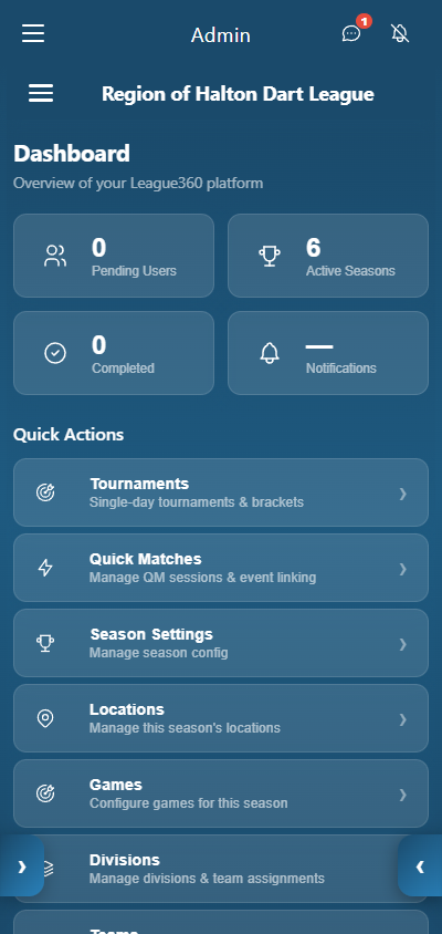 League360 darts administration dashboard